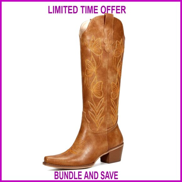 Knee High Cowboy Boots with Butterfly Embroidery Chunky Heel Zipper